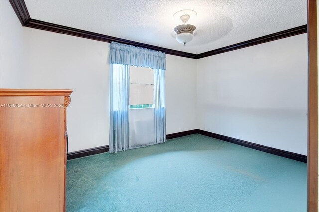 carpeted empty room featuring crown molding and a textured ceiling