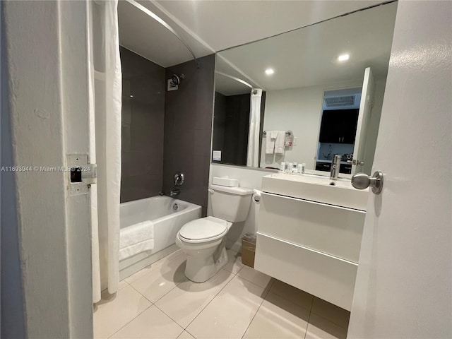 full bathroom with tile patterned flooring, vanity, toilet, and shower / tub combo with curtain