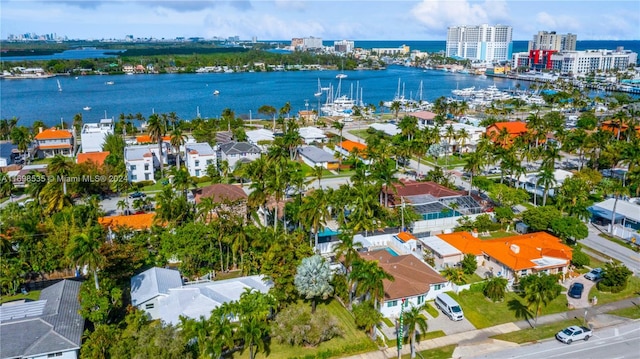 drone / aerial view with a water view