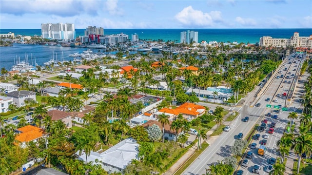 aerial view featuring a water view