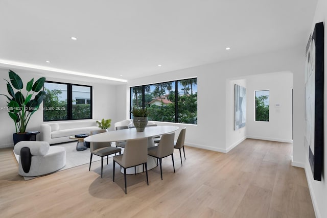 dining space with light hardwood / wood-style floors