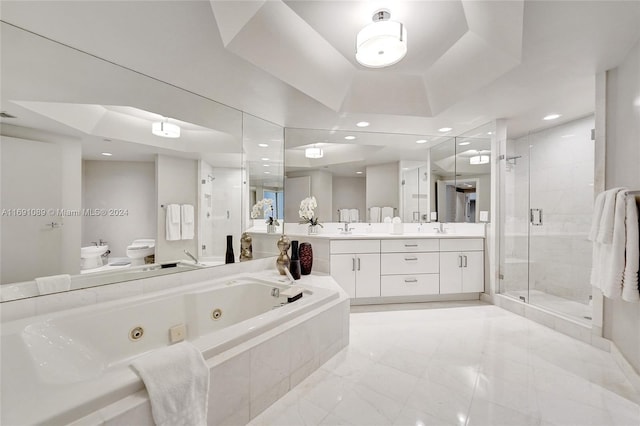 bathroom featuring vanity, a bidet, plus walk in shower, and a tray ceiling