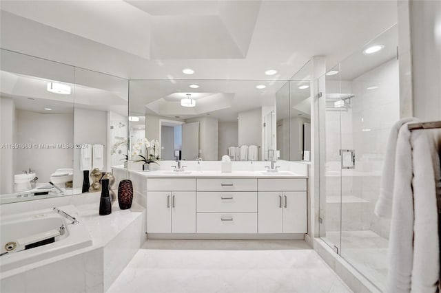 full bathroom featuring toilet, vanity, a raised ceiling, and independent shower and bath