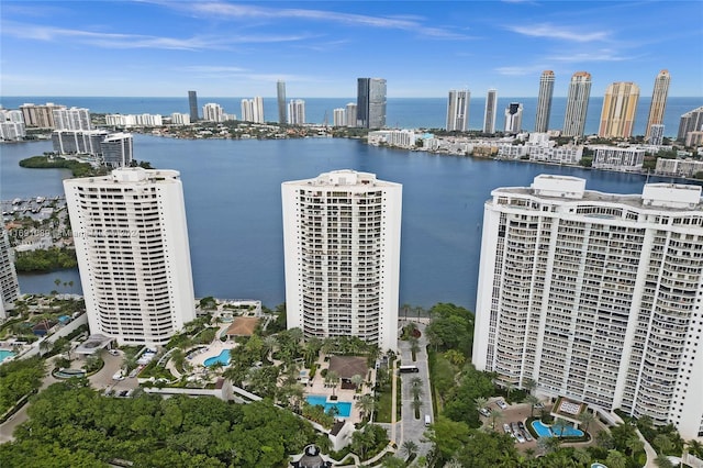 birds eye view of property featuring a water view