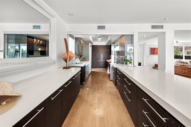 kitchen with dark brown cabinets, sink, and light hardwood / wood-style flooring