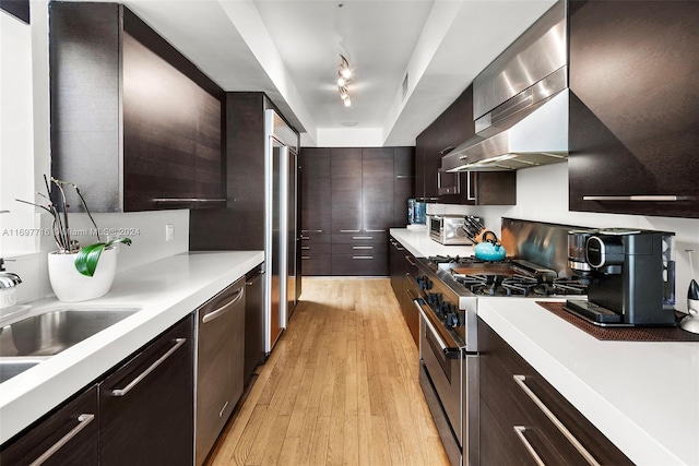 kitchen featuring dark brown cabinets, light wood-type flooring, stainless steel appliances, and sink