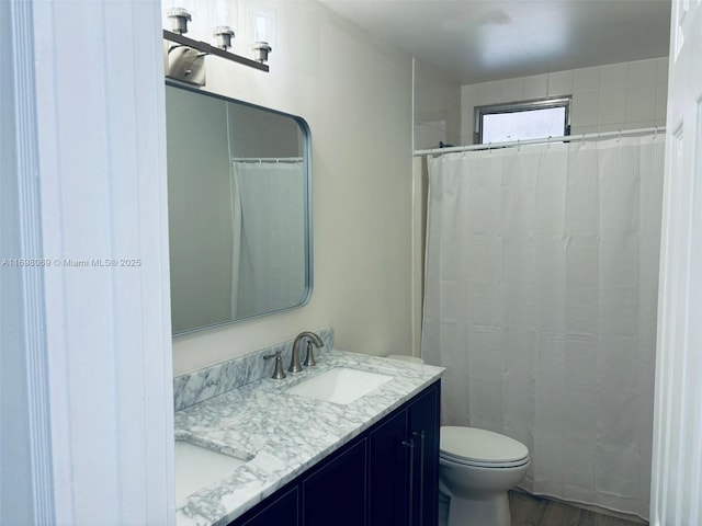 bathroom featuring vanity, toilet, and a shower with shower curtain