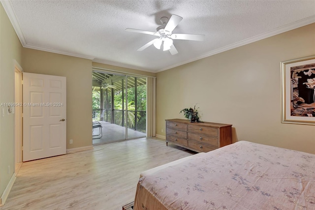 bedroom with access to exterior, ceiling fan, light hardwood / wood-style flooring, crown molding, and a textured ceiling