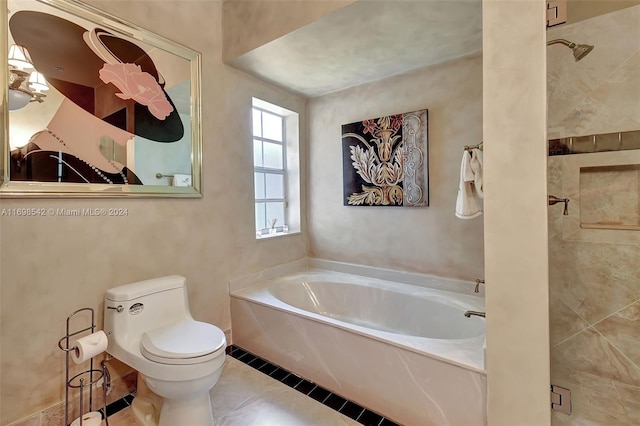 bathroom featuring tile patterned flooring, toilet, and plus walk in shower