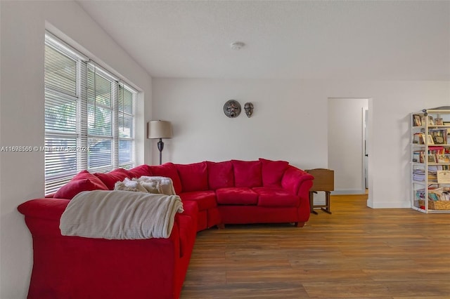 living room with dark hardwood / wood-style floors