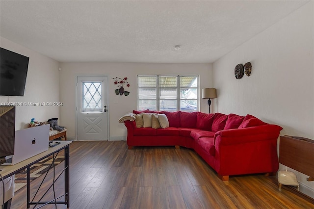 living room with dark hardwood / wood-style flooring, plenty of natural light, and a textured ceiling