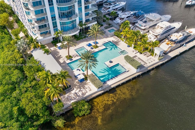 aerial view featuring a water view