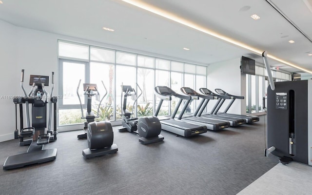 gym featuring dark colored carpet