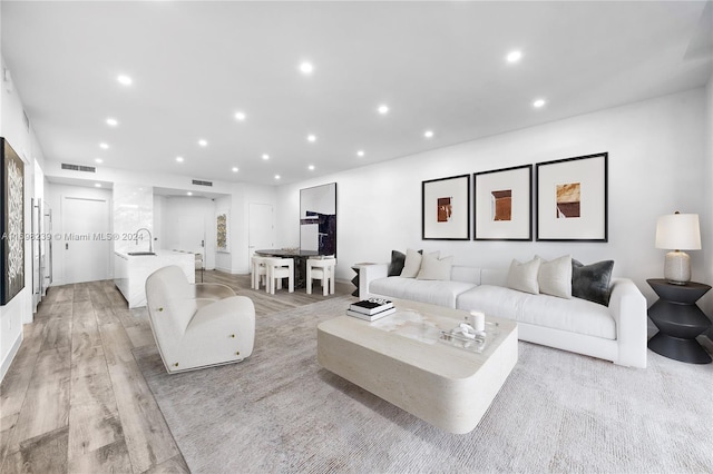 living room with light wood-type flooring and sink