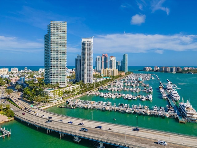 bird's eye view with a water view