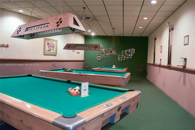 rec room with a drop ceiling, carpet, and billiards