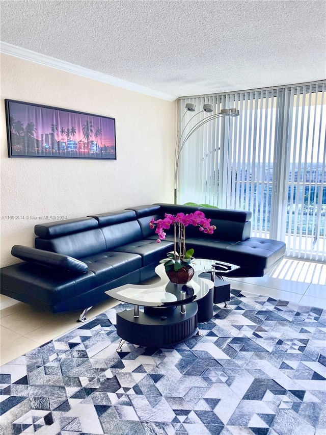 living room featuring a textured ceiling and crown molding