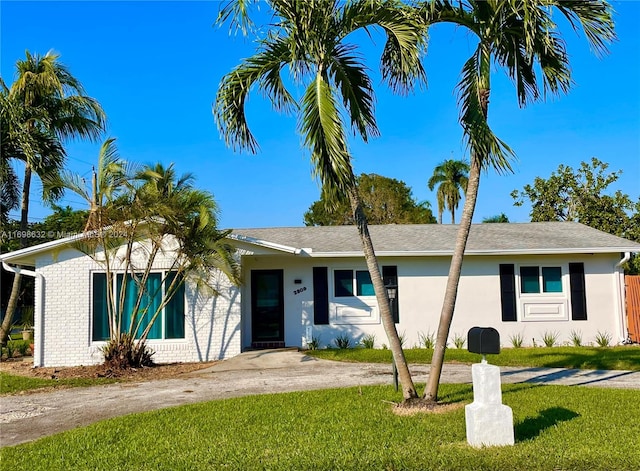 single story home featuring a front lawn