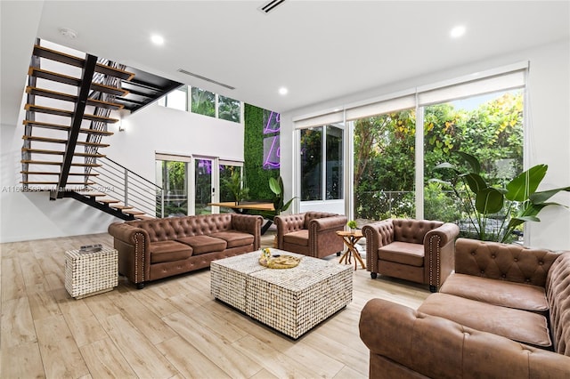 living room with light hardwood / wood-style floors and a wealth of natural light