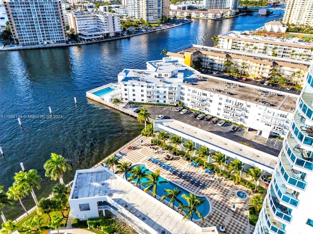 drone / aerial view with a water view