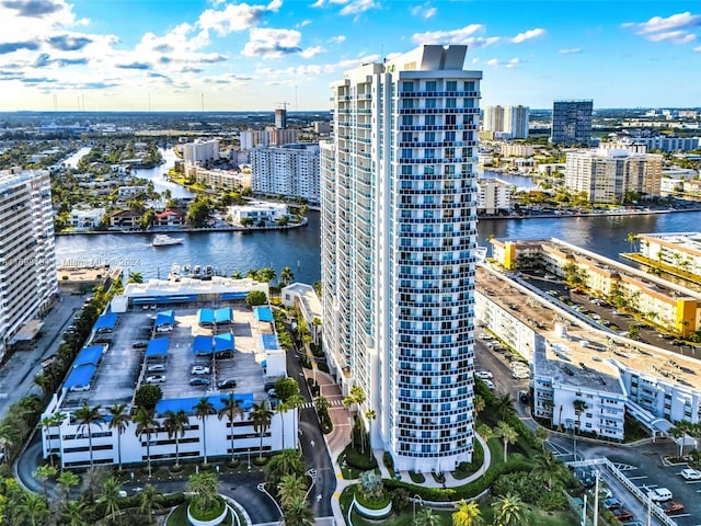 drone / aerial view featuring a water view