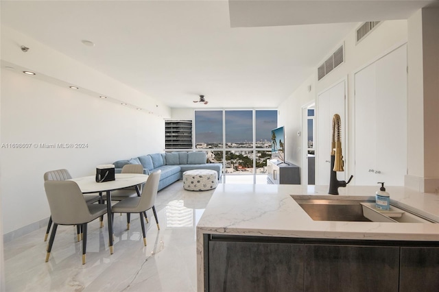 kitchen with floor to ceiling windows and sink