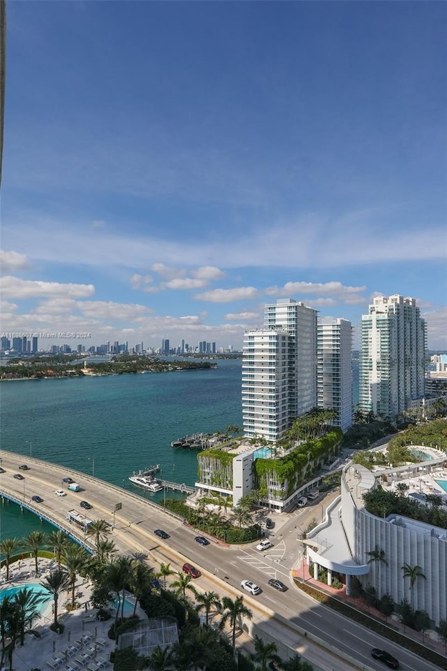 drone / aerial view featuring a water view