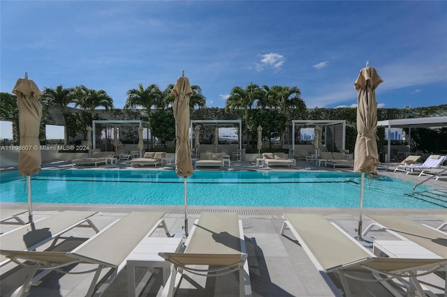 view of swimming pool with a patio