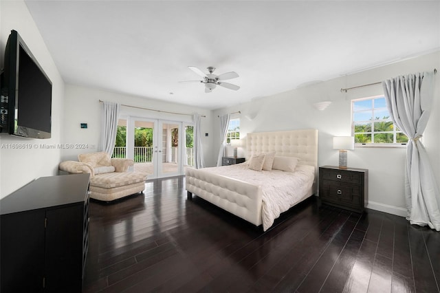 bedroom with access to exterior, ceiling fan, french doors, and multiple windows