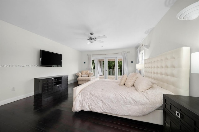 bedroom featuring dark hardwood / wood-style flooring, access to outside, and ceiling fan