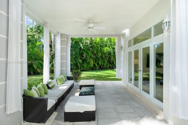 interior space featuring ceiling fan, an outdoor hangout area, and french doors