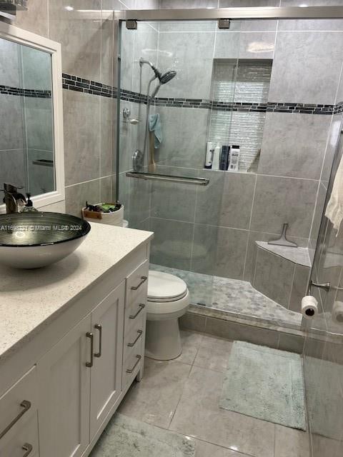 bathroom with vanity, toilet, and an enclosed shower