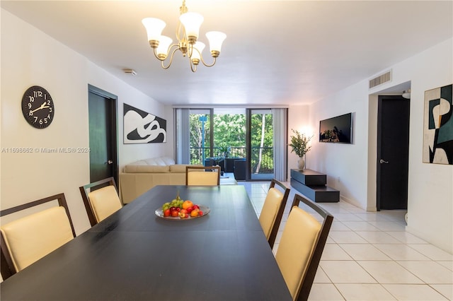 tiled dining area featuring expansive windows and a chandelier