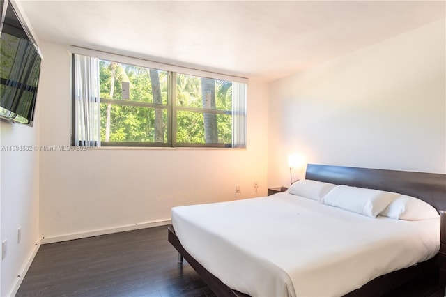 bedroom with multiple windows and dark hardwood / wood-style floors