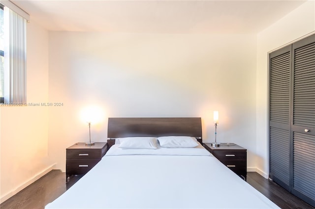 bedroom featuring dark hardwood / wood-style floors and a closet