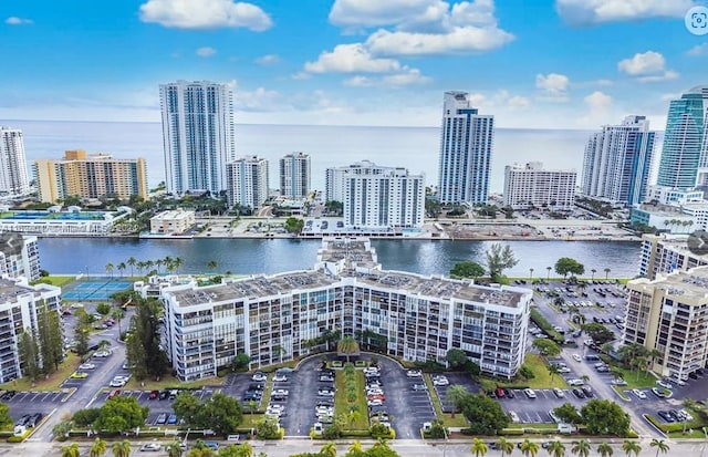 bird's eye view with a water view