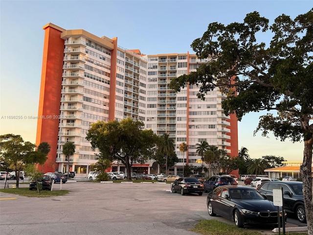 view of outdoor building at dusk