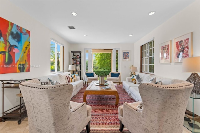 living room featuring light tile patterned flooring