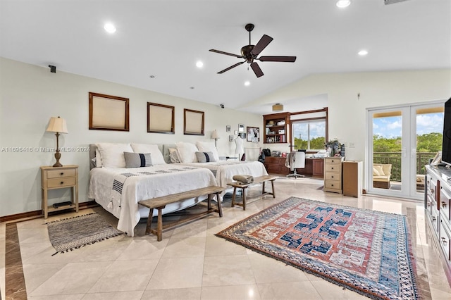 tiled bedroom featuring ceiling fan, access to exterior, french doors, and vaulted ceiling