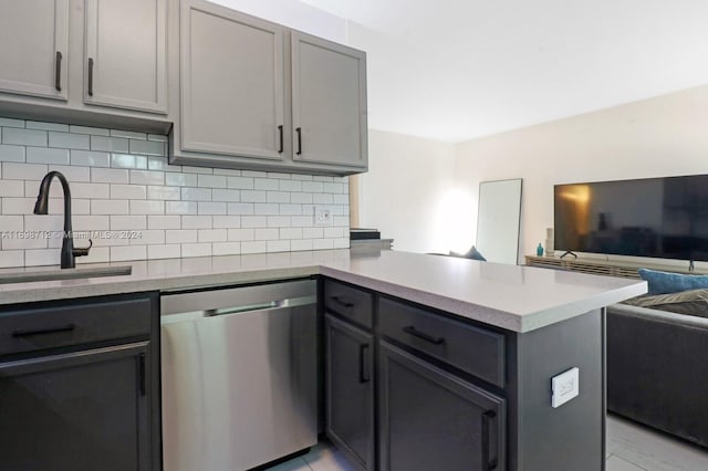 kitchen featuring gray cabinetry, dishwasher, sink, tasteful backsplash, and kitchen peninsula