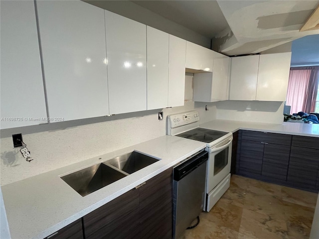 kitchen featuring white cabinets, white range with electric cooktop, stainless steel dishwasher, and sink