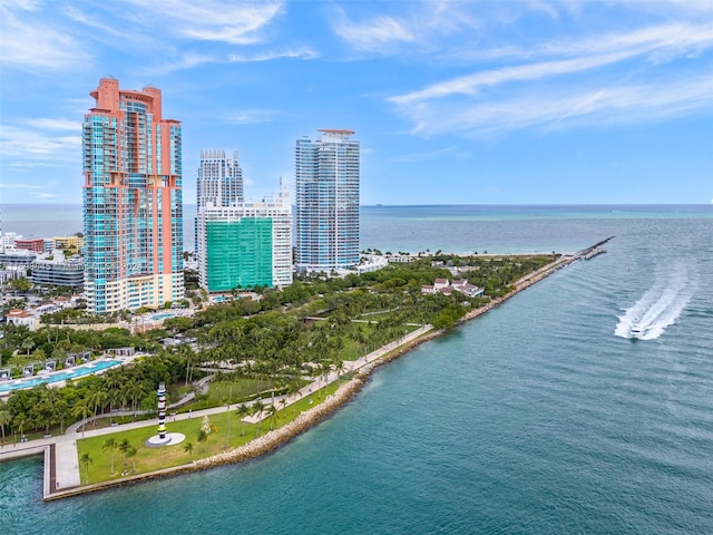 drone / aerial view featuring a water view