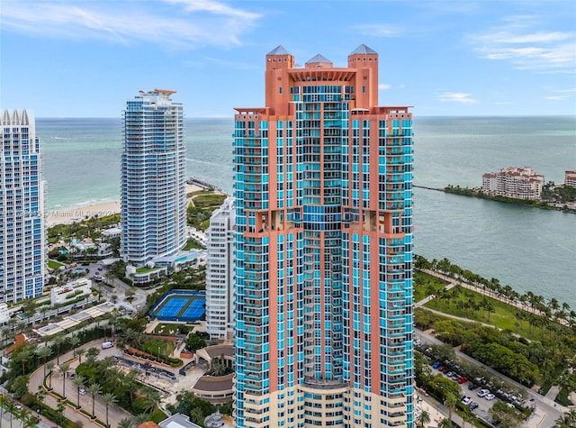 aerial view featuring a water view