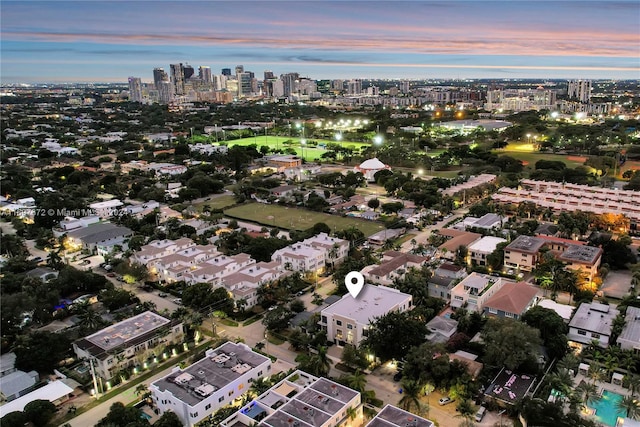 view of aerial view at dusk