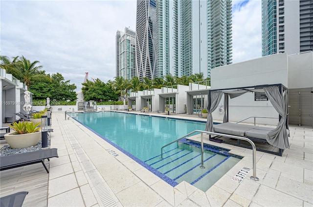 view of swimming pool featuring a patio