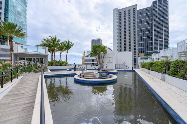 view of pool with a water view