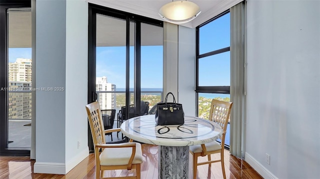 dining area featuring expansive windows and wood-type flooring