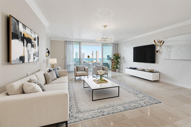 3201 NE 183rd St Unit 2607, Aventura, FL 33160 - living room with crown molding, a chandelier, expansive windows, and baseboards