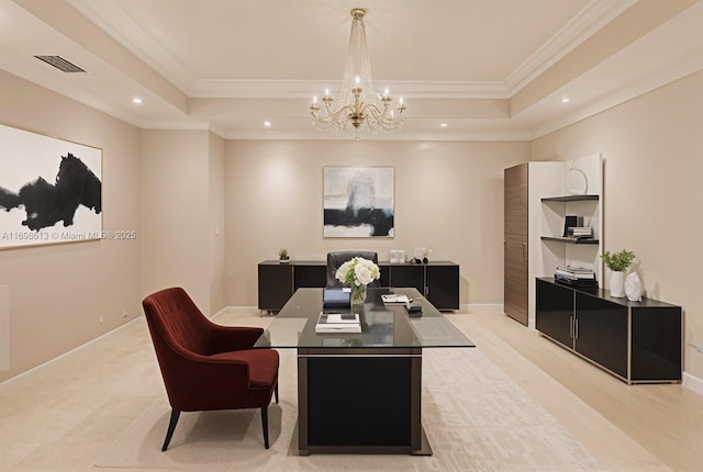 3201 NE 183rd St Unit 2607, Aventura, FL 33160 - dining space featuring a tray ceiling, ornamental molding, a chandelier, recessed lighting, and an office area