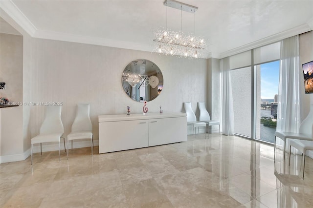 bathroom with a notable chandelier and ornamental molding